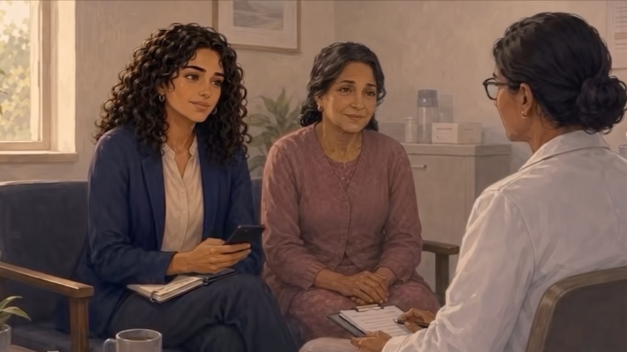 A daughter holding her phone sits beside her smiling mother during an appointment, talking with a clinician who takes notes.
